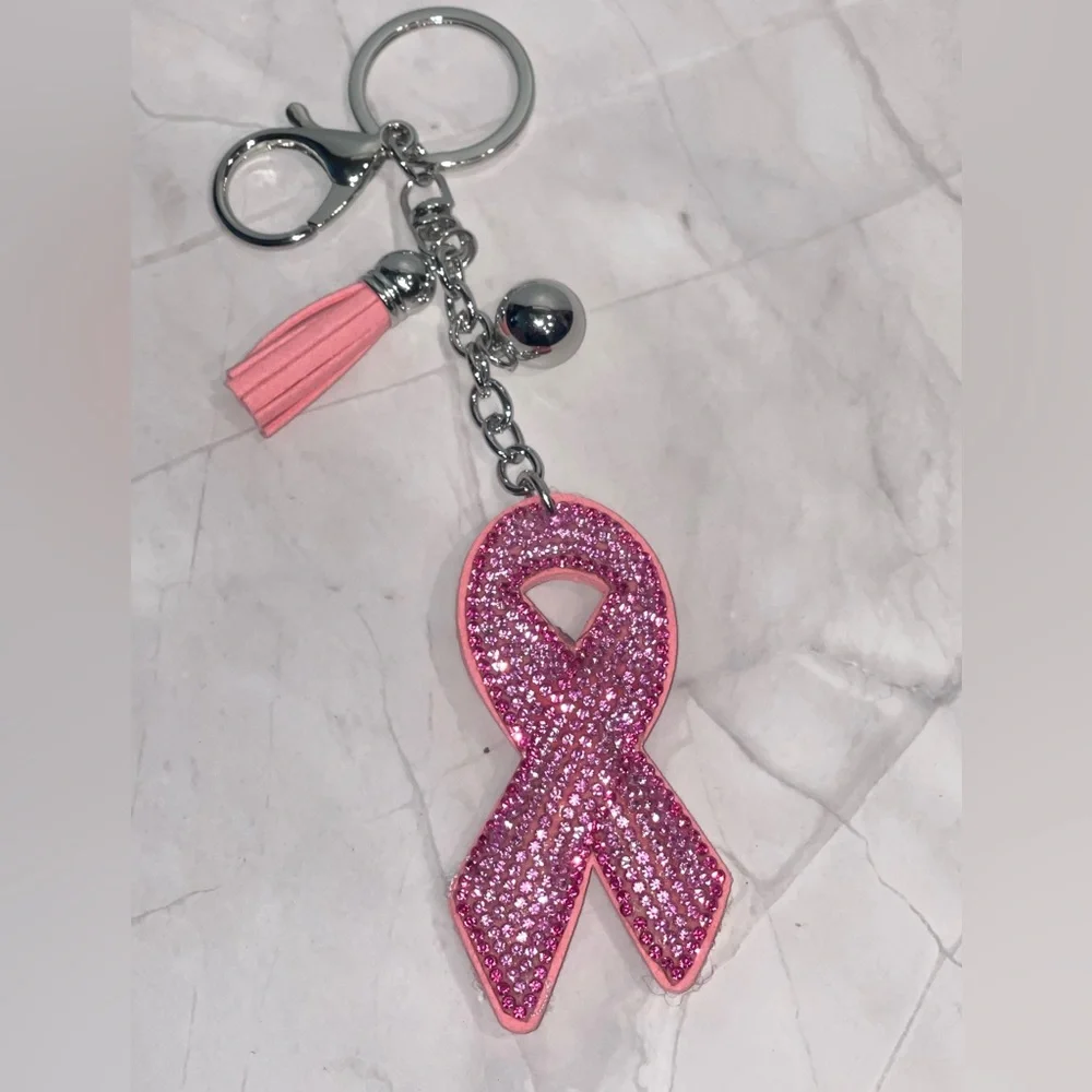 Pink Ribbon Rhinestone Keychain Bag Charm with Tassel